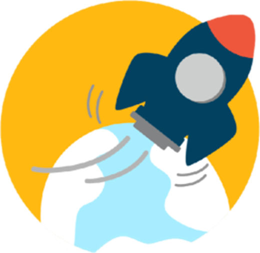 kleine blaue Rakete im Hintergrund gelber Kreis mit kleiner runder Erde